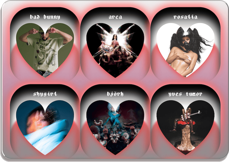 Bad Bunny, Arca, Vegyn, Rosalia, Shygirl, Yves Tumor, Björk in heart shaped cases